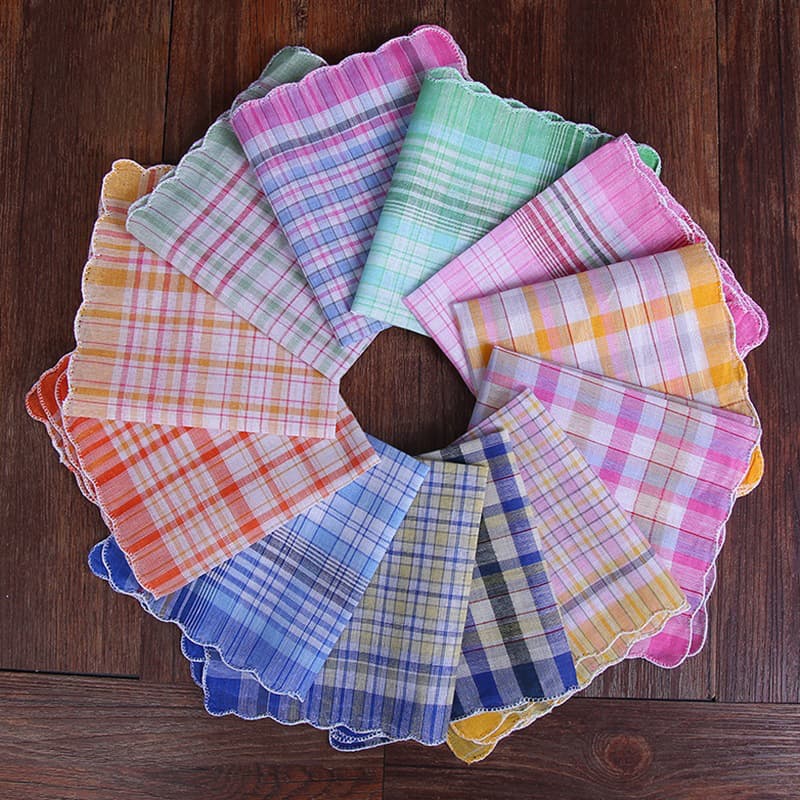 Pure Cotton Handkerchief Plaid Handkerchief Multi-Color Mixed Pure Cotton Crescent Edge Women's Plaid Handkerchief Hand Towel