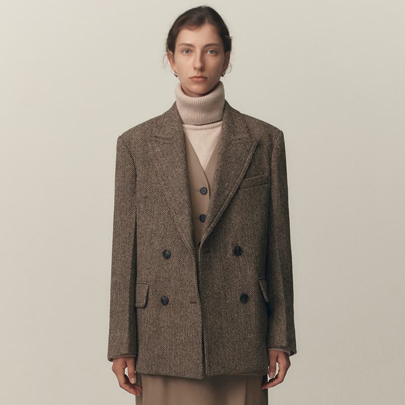 LOWJIA Homemade In Stock Herringbone Wool Blazer Women's 2024SS Autumn/Winter Wide-Shoulder Loose Wool Jacket