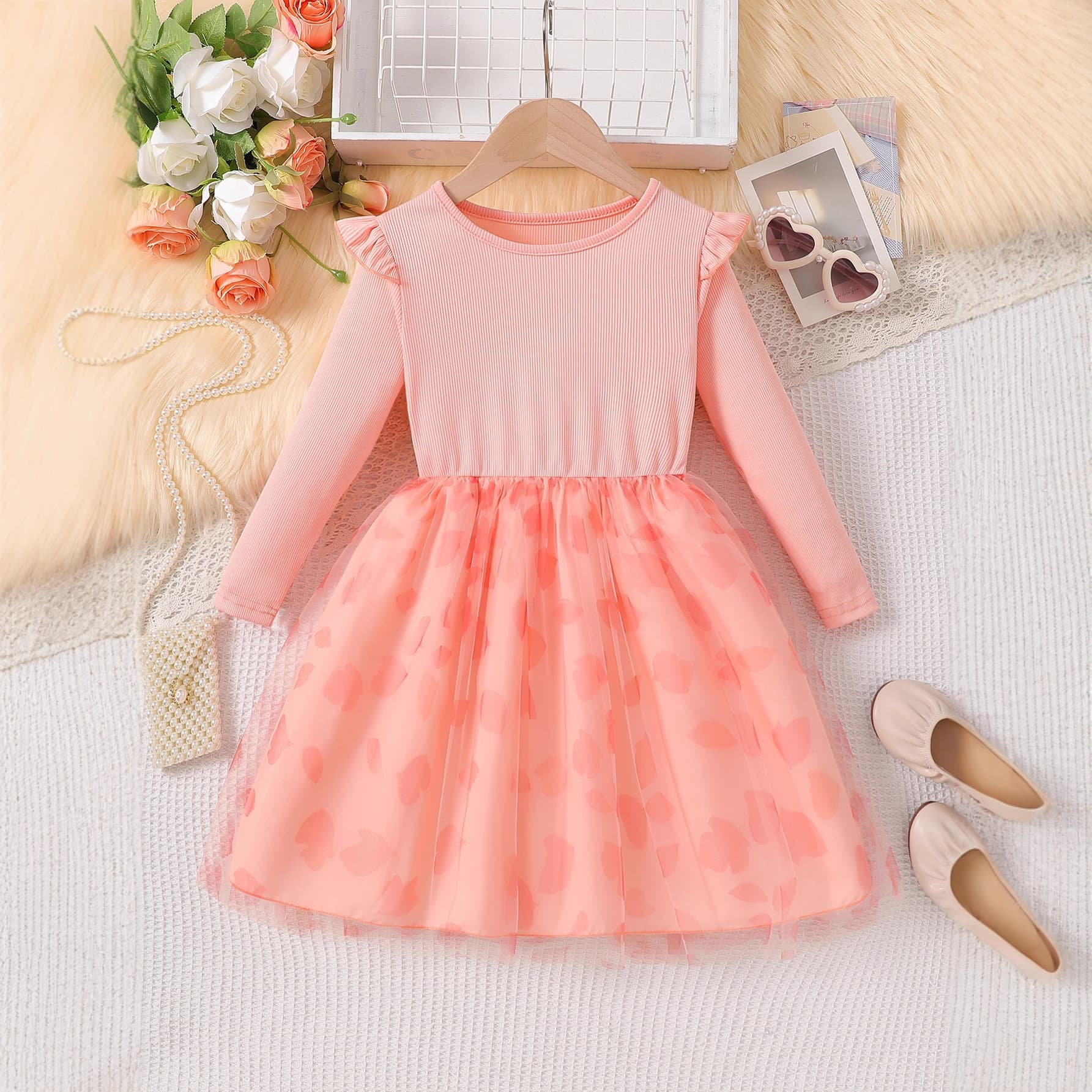 Girls Spring Autumn Dress New Children Mesh Tulle Princess Dress Fashionable Puffy Tulle Skirt Autumn Long Sleeve Dress