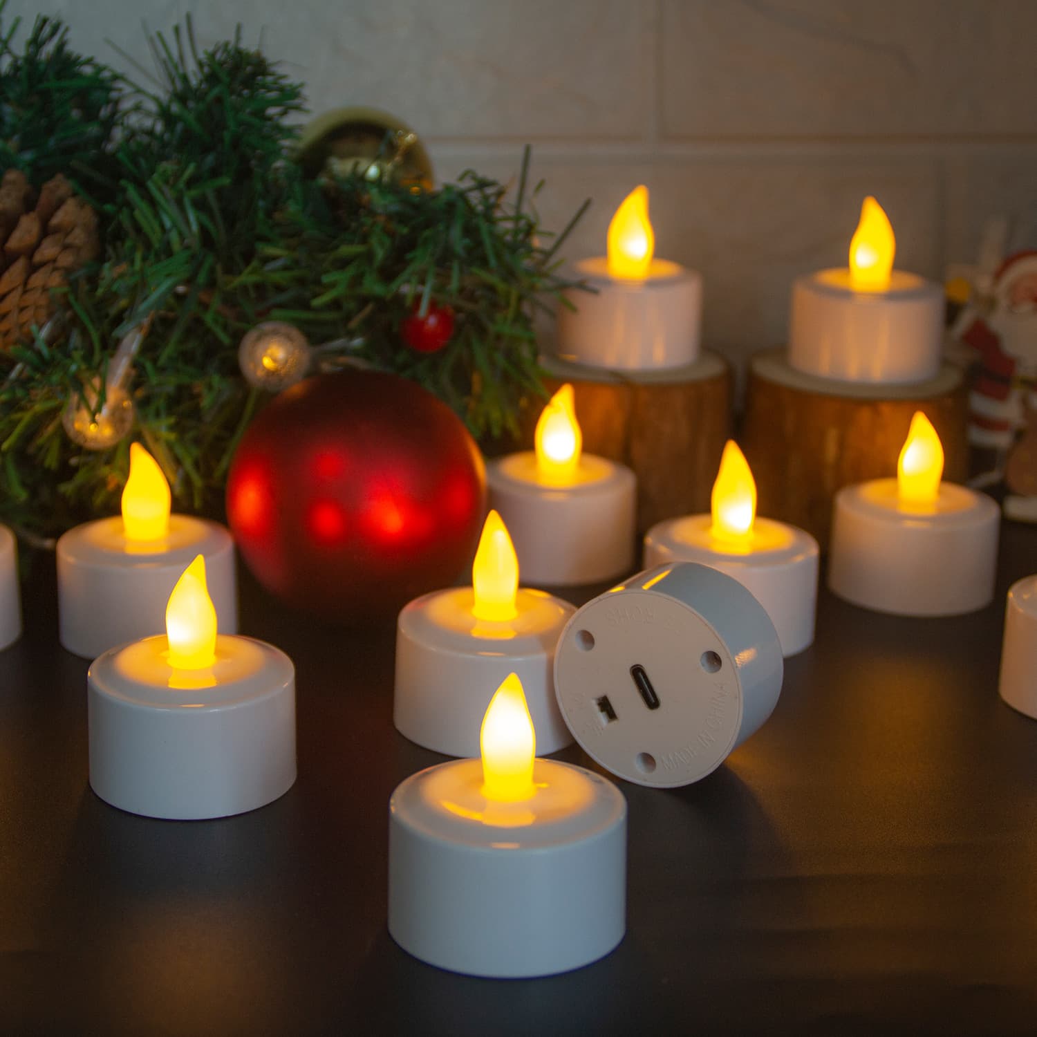 New USB Charging LED Electronic Candle Light Christmas Holiday Decoration 10-Key Remote Control TYP-C Charging Ambiance Light