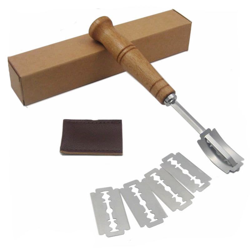 Stainless Steel Bread Lame with Wooden Handle, Curved Scoring Knife for Bread, Baking Tool Set
