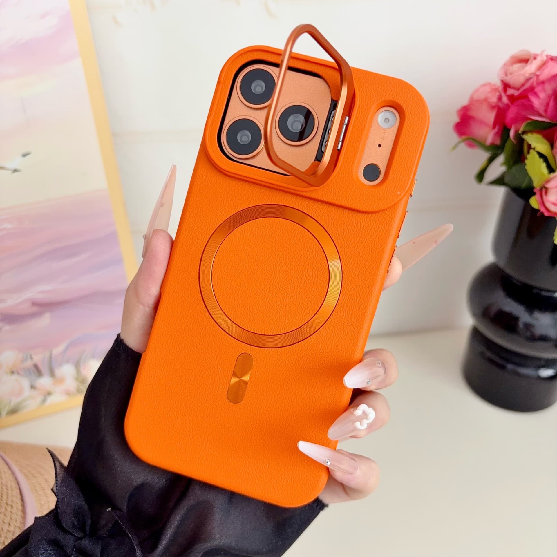 Cross-border Leather Texture Magnetic Phone Case with Lens Stand for iPhone 17, Shockproof Protective Cover for Apple 16 Pro Max