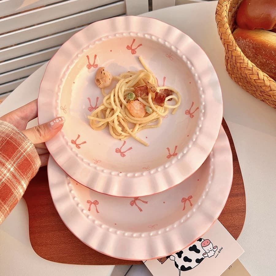 Bowknot Plate Ceramic Dinnerware High-Temperature Glaze Under-Glaze Color Girl's Heart Cute Home Deep Plate Breakfast Plate Dessert Plate