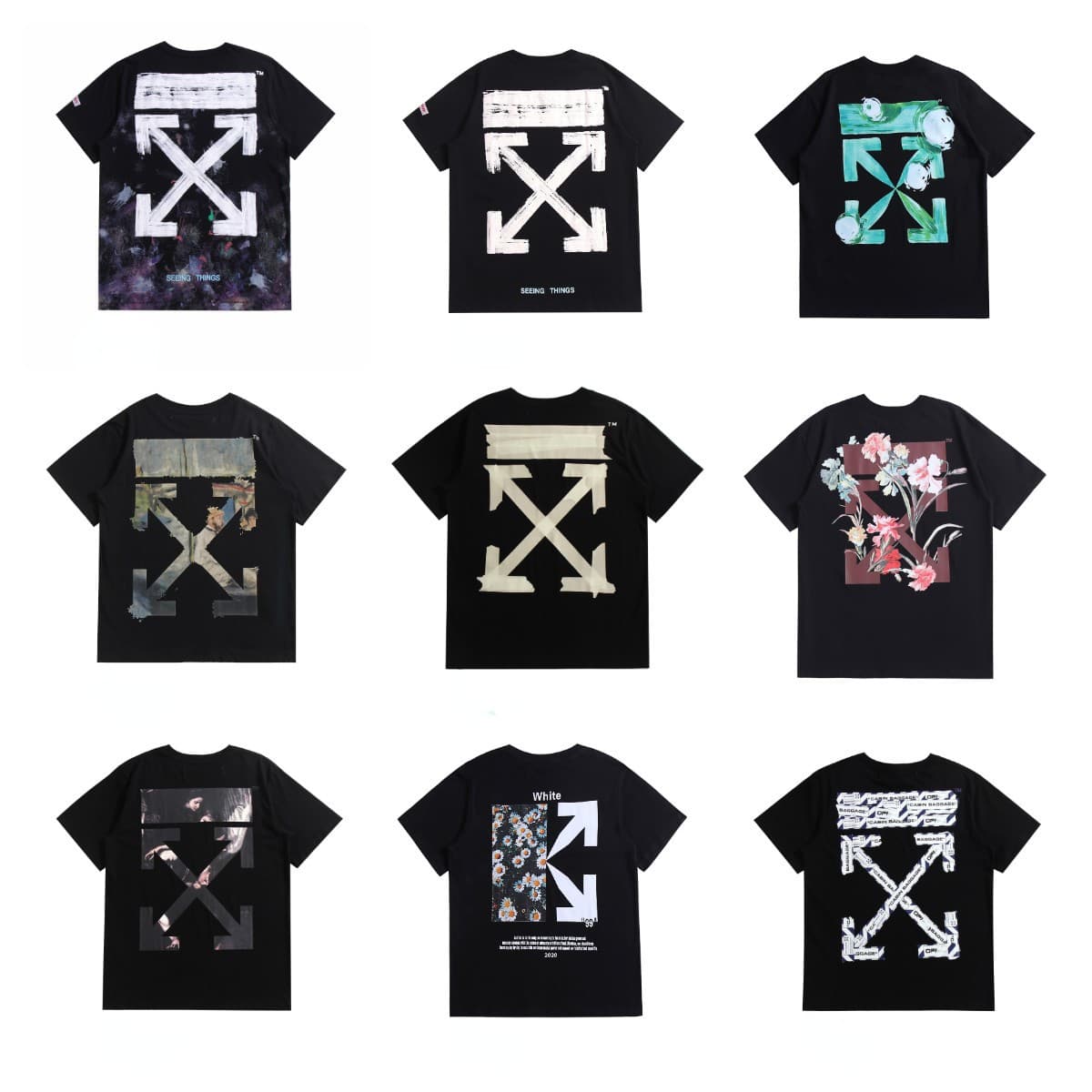 High-Quality Off War Hot Stamping Oil Painting Daisy Fireworks Religious Ow Short-Sleeved Loose T-Shirt for Men and Women Couples