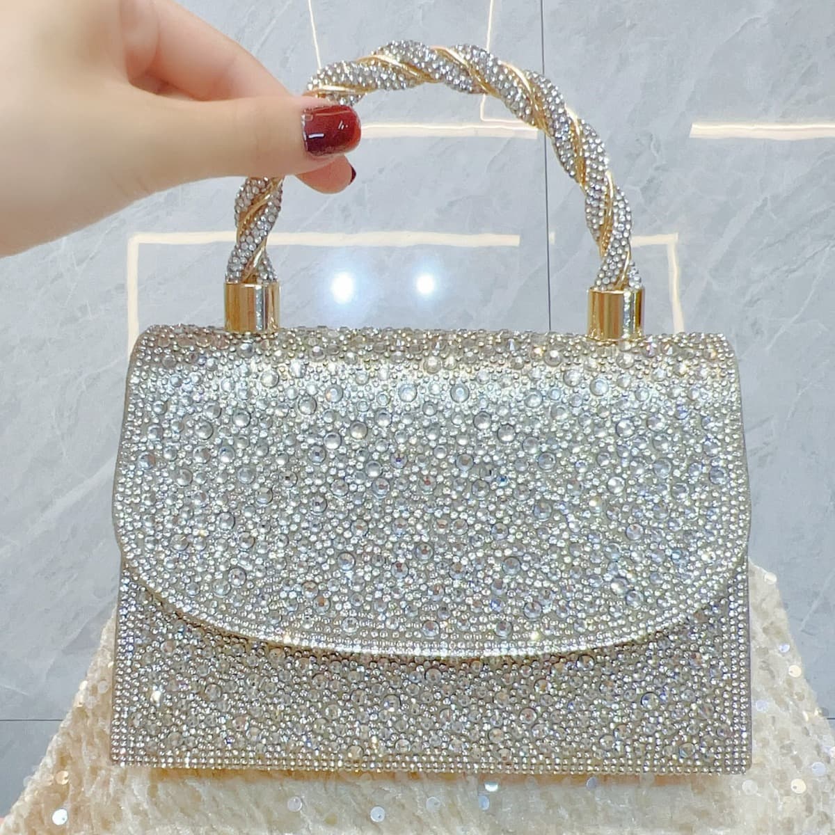 French Full Drill Society Lady Party Rhinestone Small Square Bag Embellished Handbag Single Shoulder Slant Cross Evening Bag