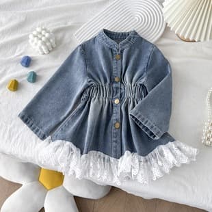 Girls Denim Jacket New Style with Lace Trim Denim Dress Trendy Toddler Jacket Cross-Border Dropshipping