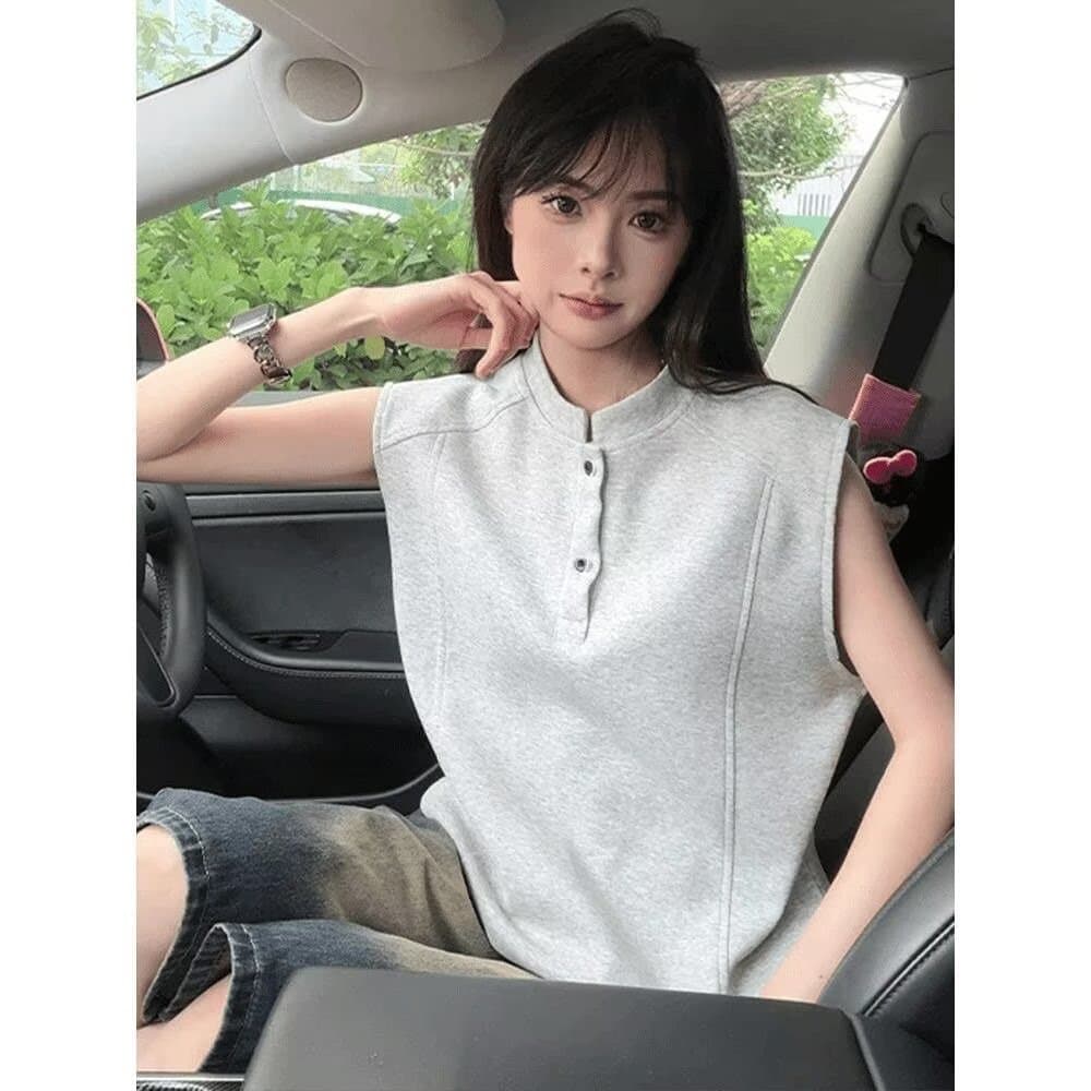 American-Style Niche Cool Retro Henley Collar Sleeveless Polo Shirt for Men and Women, Summer T-Shirt with an Instagram-Worthy High-End Feel, Versatile Top