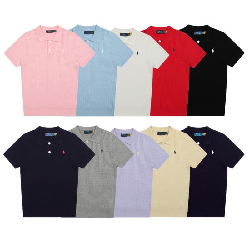 Scannable RL Ralph Lauren Pony Embroidery Polo Short-Sleeve Knit Top with Small Cable-Knit Fold Collar, Minimalist T-Shirt for Women