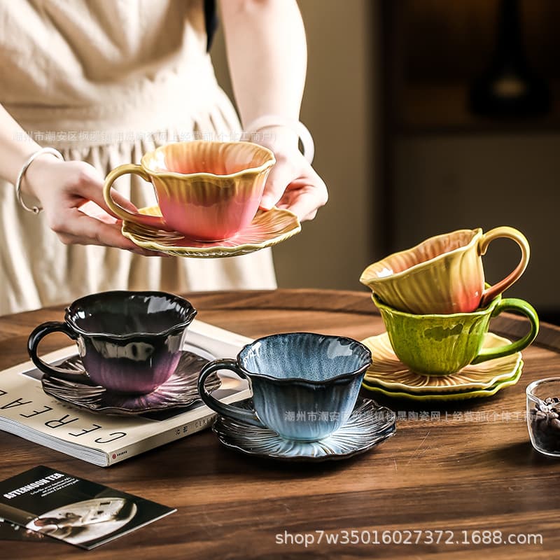 Vintage Kiln-Transformed Underglaze Ceramic Coffee Cup and Saucer, Latte Art Mug, Medieval Cup, Office Ceramic Mug