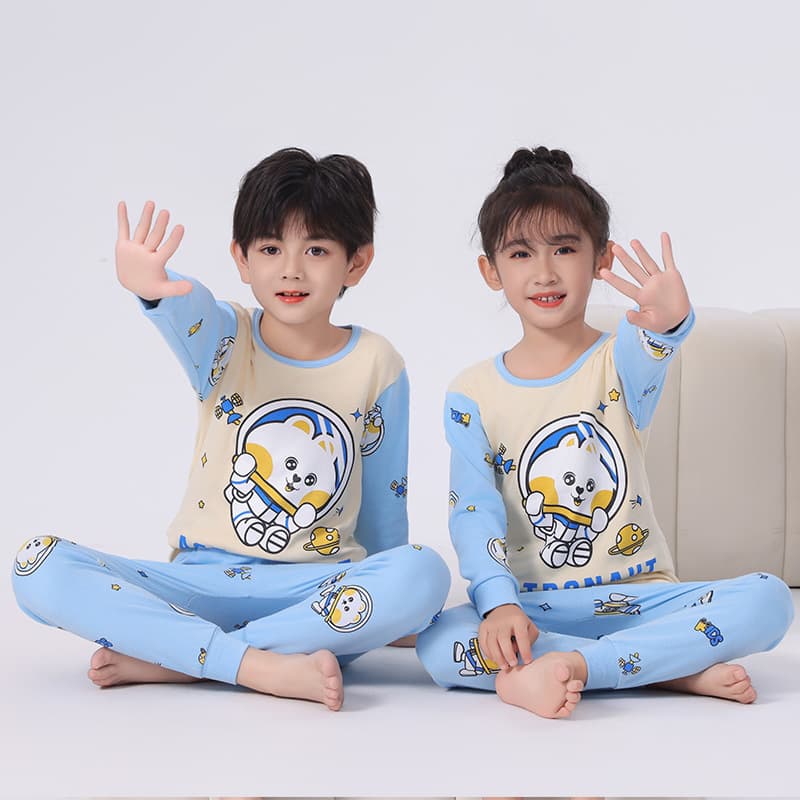 New Autumn Children's Pure Cotton Long-Sleeve Set, Cartoon Print Round Neck Undershirt for Boys and Girls, Home and Air Conditioning Wear