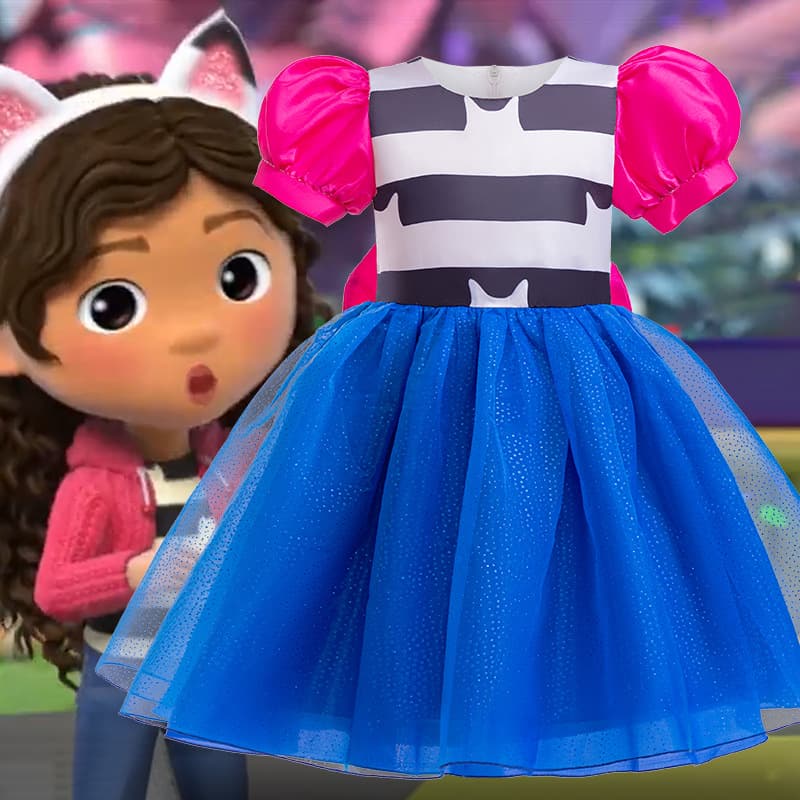New Gabby's Dollhouse Same Style Girl's Bow Dress, Mesh Puffy Skirt with Bubble Sleeves, Children's Formal Dress