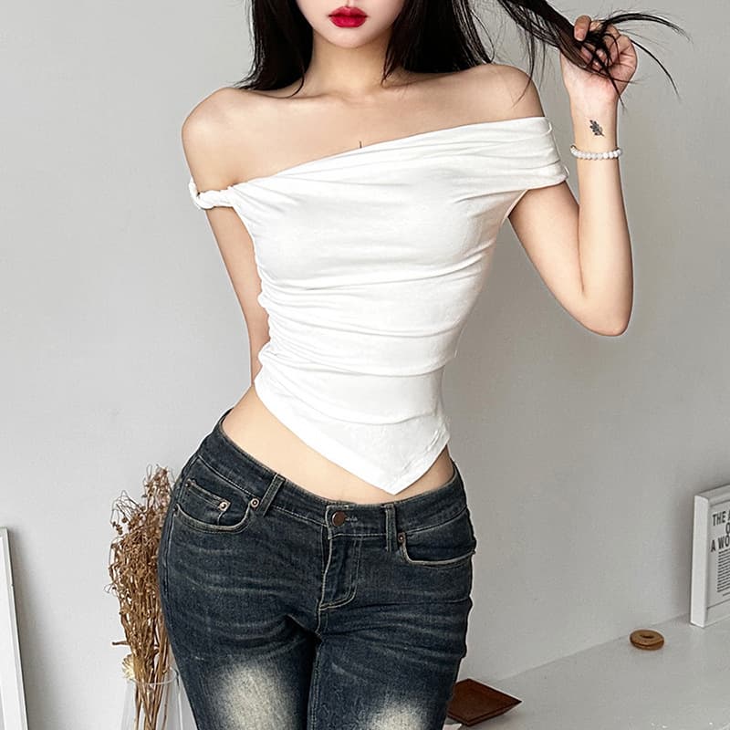 Cross-border European and American style off-shoulder pure desire T-shirt for women, summer thin off-shoulder tight top, fashionable slimming sexy top