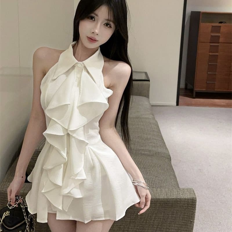 White ruffled polo collar sleeveless shirt top for women summer French style mid-length waist slim fit shirt