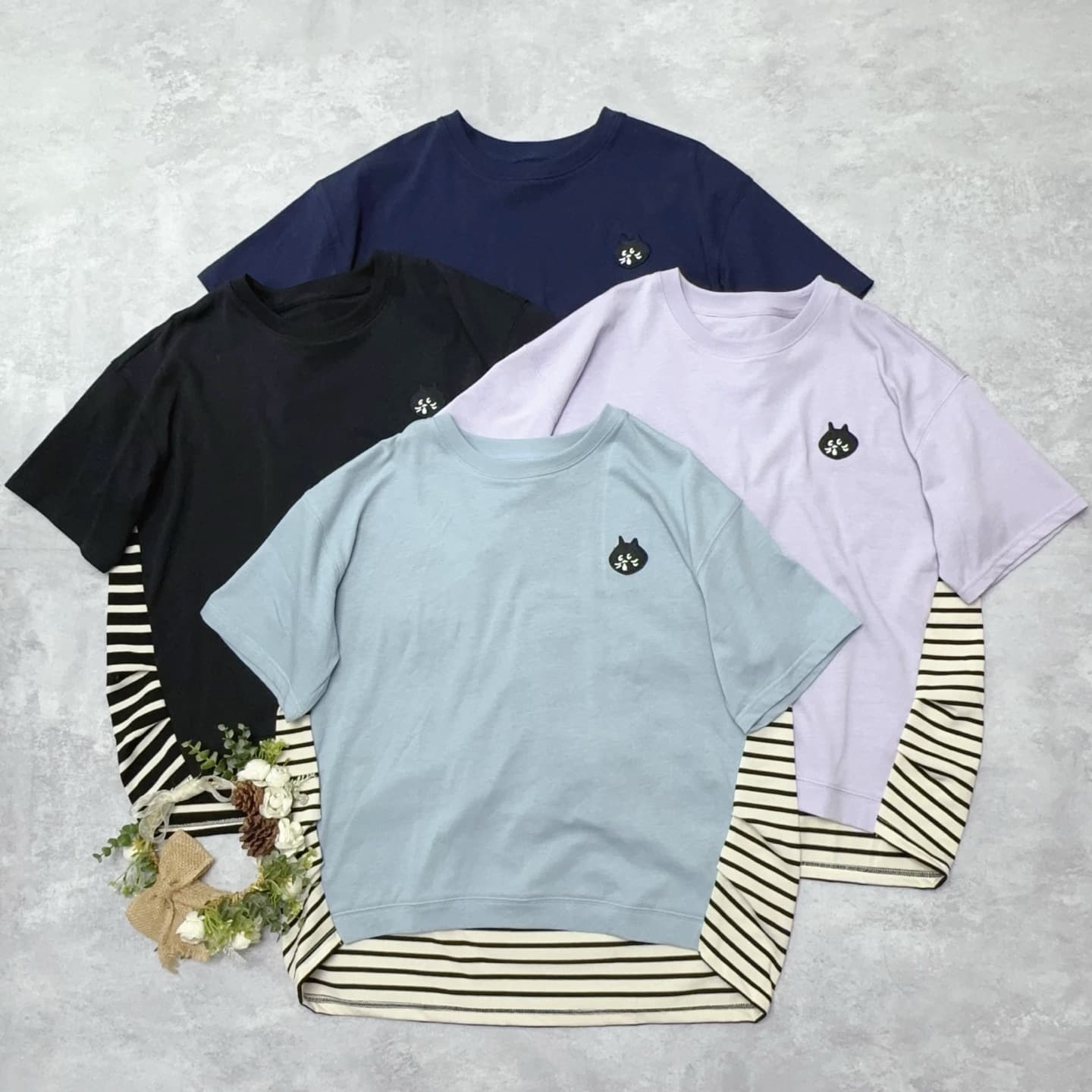Japanese net cat patchwork striped cotton T-shirt summer new pure cotton casual round neck pullover loose slimming top for women