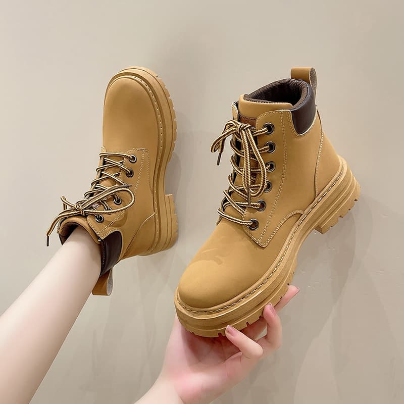 Couple Style PU Leather Yellow Boots 2024 New Autumn Winter Retro Women's Shoes British Style Short Boots Women Thick Sole Martin Boots