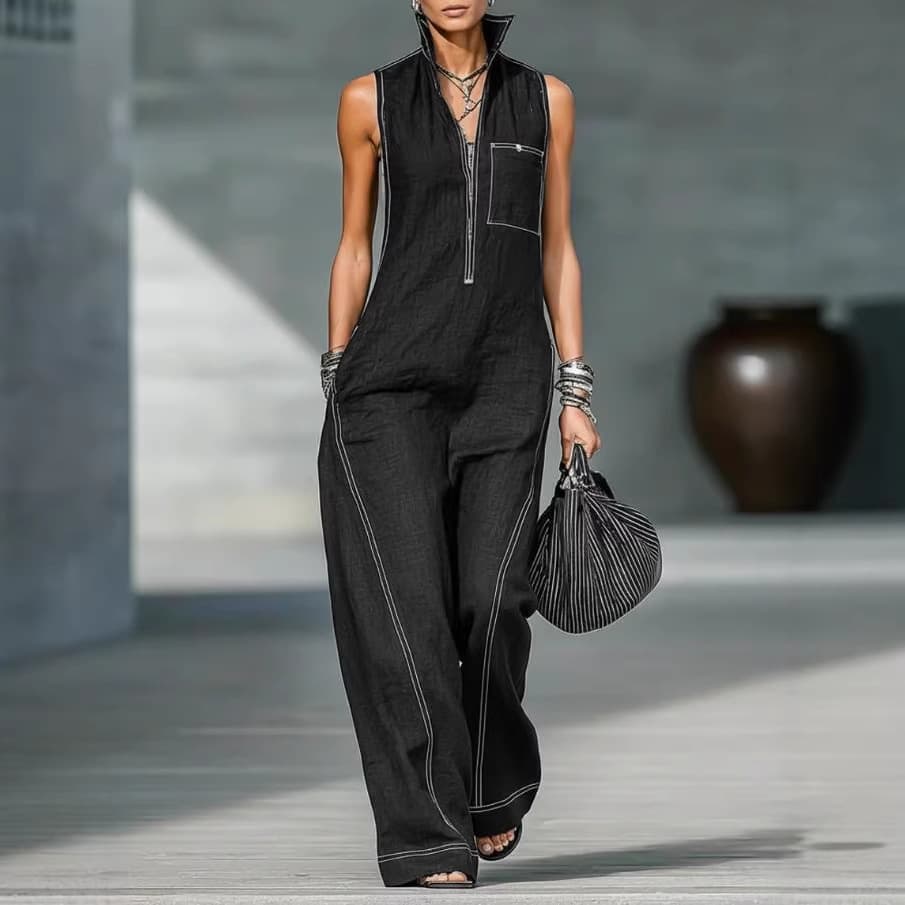 2026 Amazon EU-US Cross-Border Summer New Solid Color Elegant Height-Enhancing Slim Fit Sleeveless Zipper Women's Jumpsuit