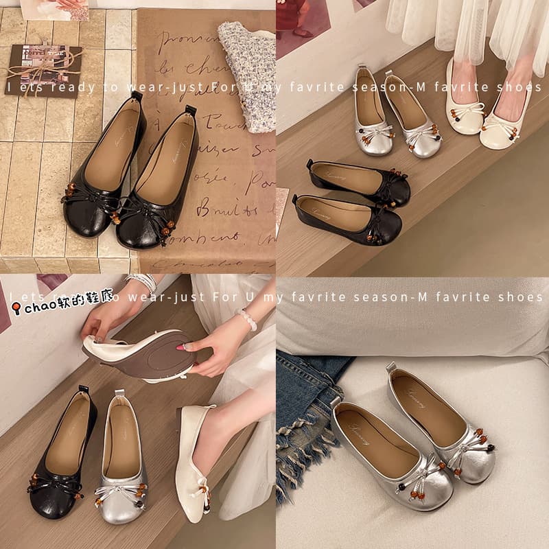 French Vintage Butterfly Knot Shallow Mouth Single Shoes for Women, Spring 2026 New Style, Women's Flat Ballet Shoes to Wear with Skirts, Loafer Shoes