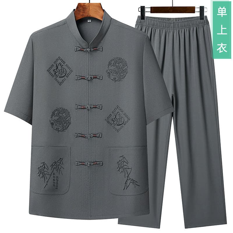 Manufacturer Chinese Tang Suit for Middle-aged and Elderly Men Summer Short Sleeve Set Chinese Style Thin Fabric Dad Suit Tai Chi Outfit Grandpa Hanfu
