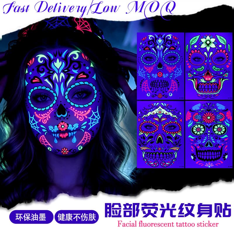 Cross-border European and American Y2K color skull fluorescent tattoo stickers waterproof Day of the Dead face stickers beauty Halloween tattoos