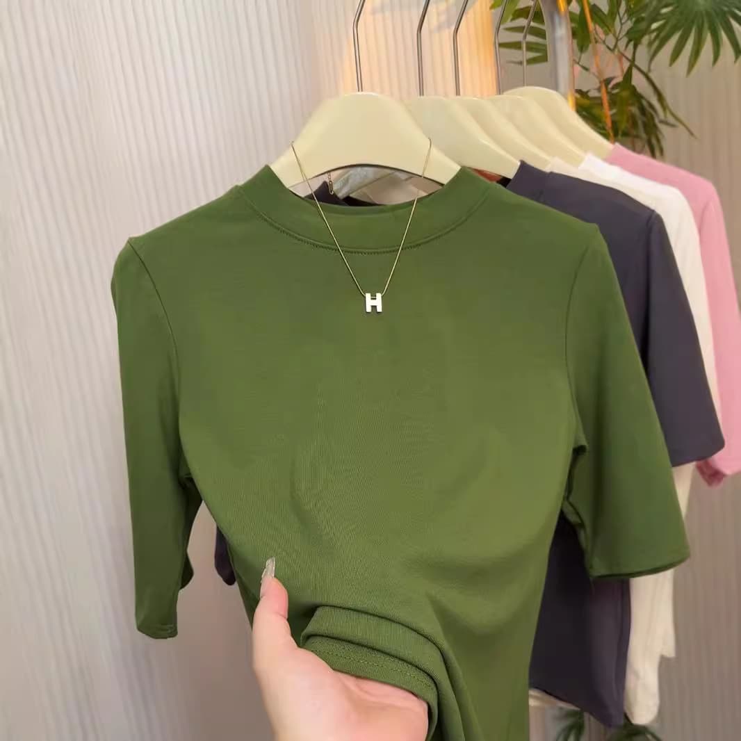 High Quality Stretch Cotton Women's T-Shirt, Versatile Slim Fit Medium Sleeve, Half Sleeve, Mock Neck Base Layer, Plus Size