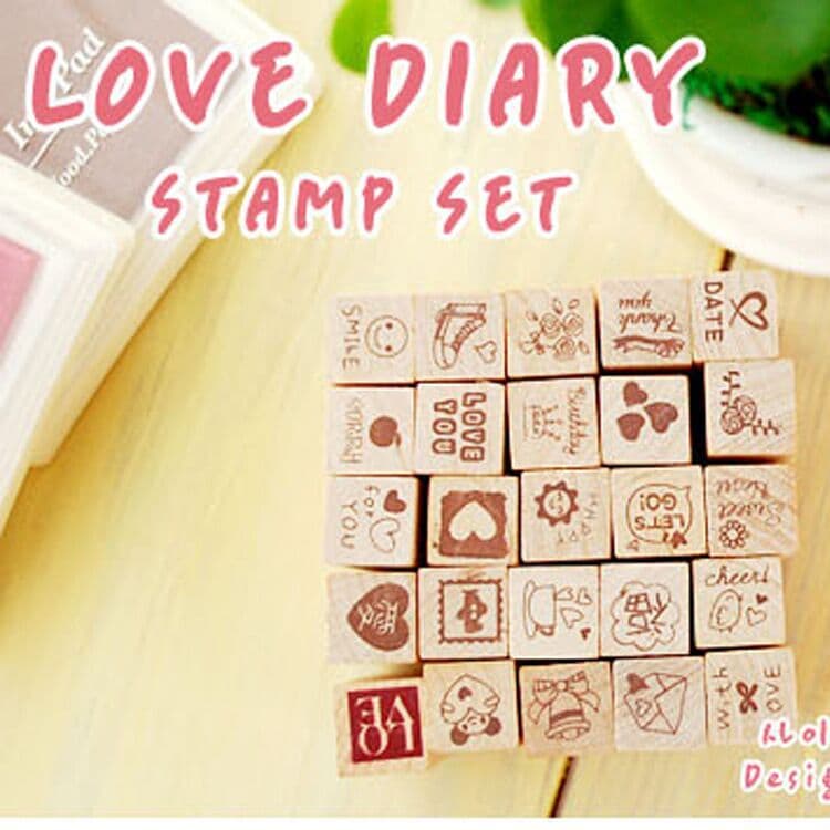 Creative stationery, teacher seal, practical and cute diary decorative seal, red Love wooden box, 25 pieces