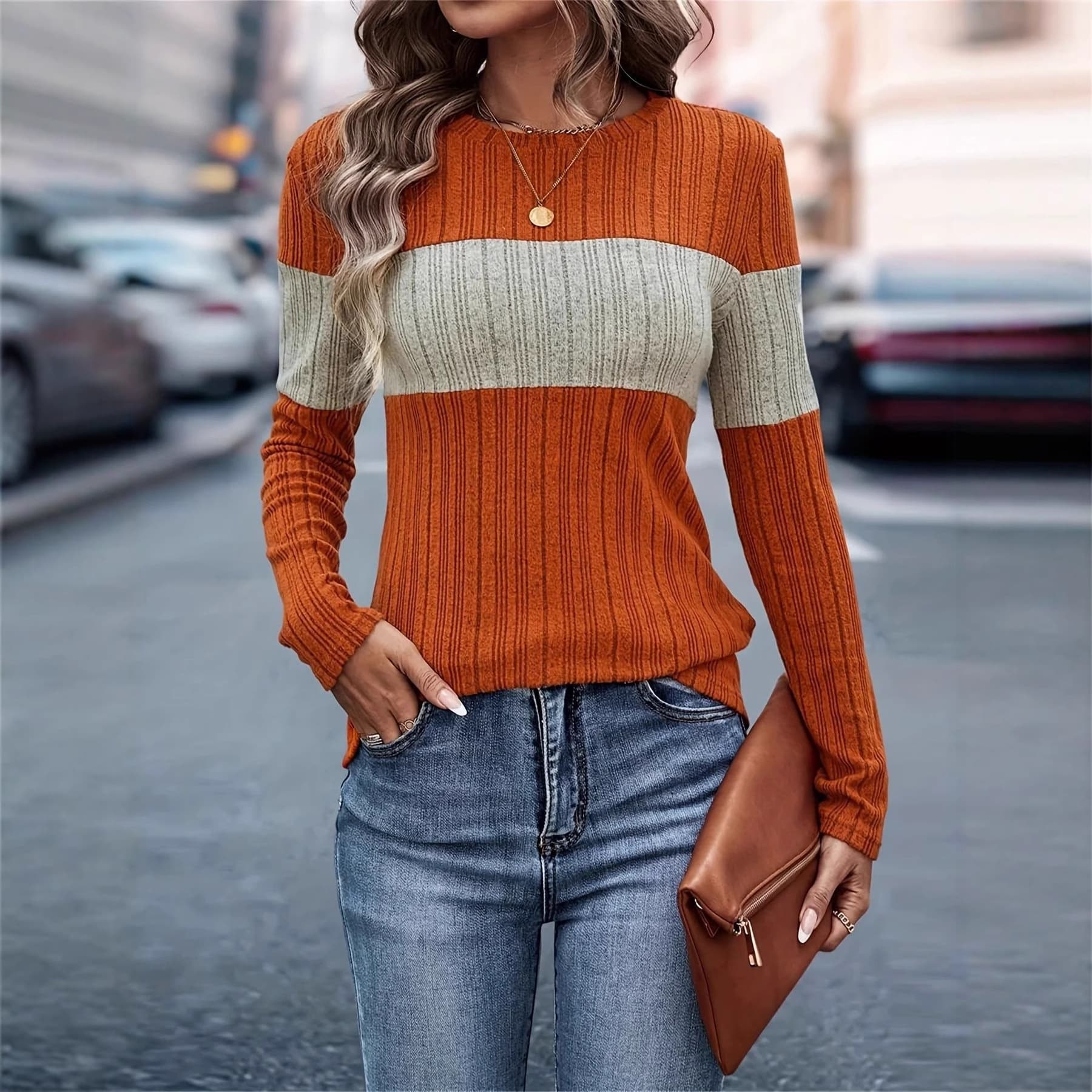 Loose casual color blocked T-shirt for women