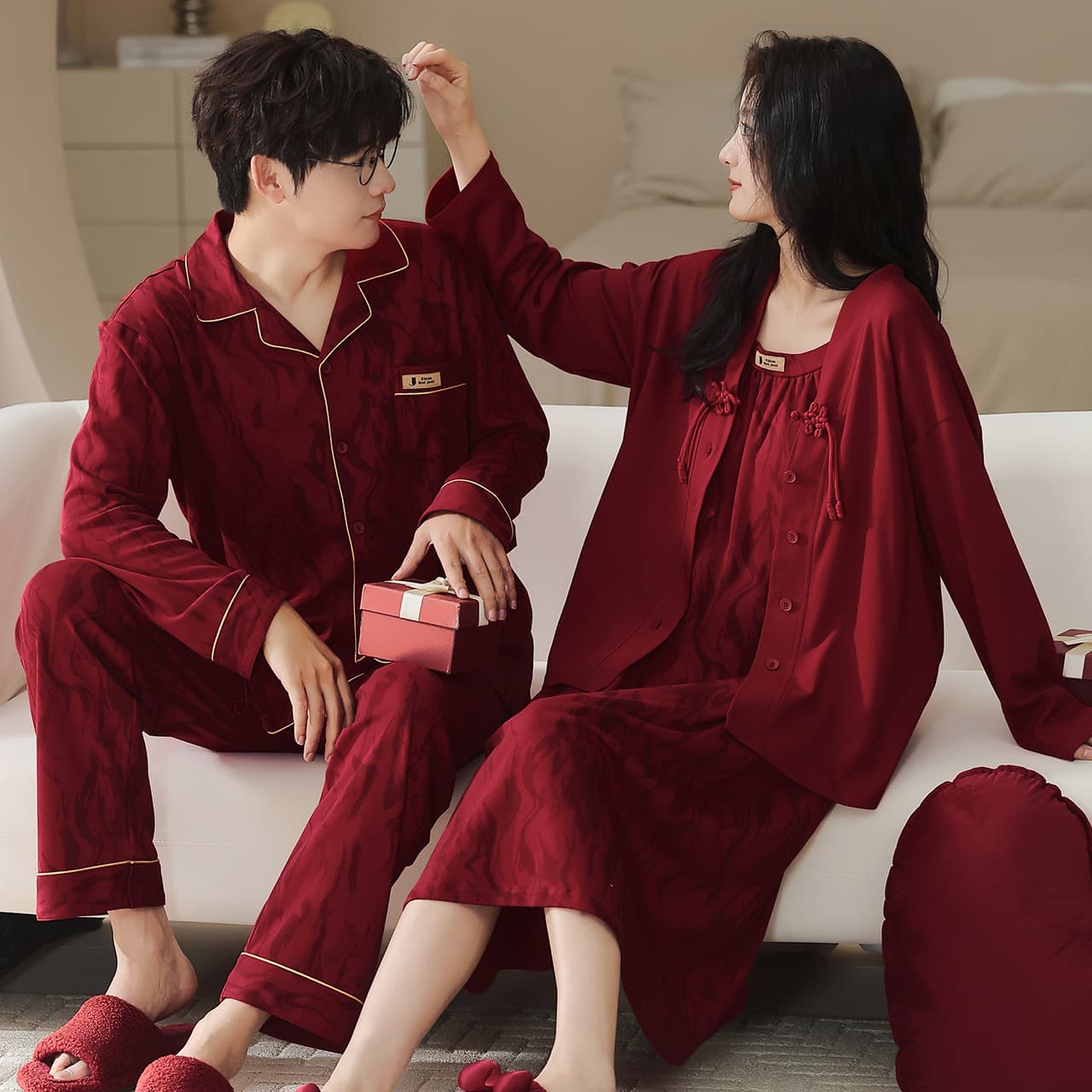 Wedding Pajamas Couple Autumn and Winter Red Animal Year Suit with Breast Pad Pajamas Suspender Cardigan Long-Sleeved Home Clothes