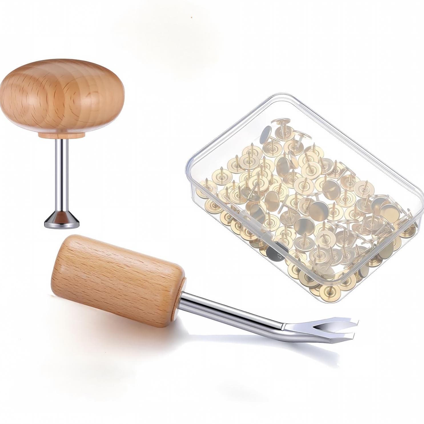 Wooden Handle Pin Pusher and Magnetic Push Tool with 100 Gold Push Pins for Cork Board