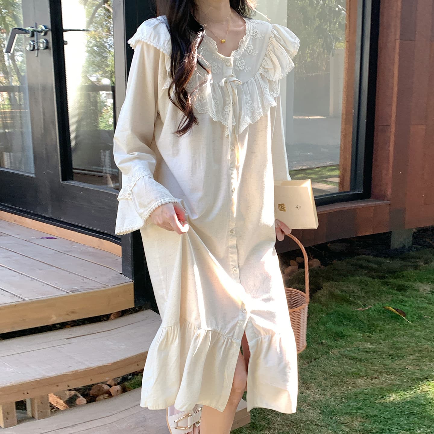 Korean new style nightgown for women, solid color, fresh, sweet, cotton, comfortable, Korean style V-neck, can be worn outside, home wholesale thin section