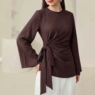 Cross-border Women's Fashion 2026 Fall New Arrival Long-Sleeve Twisted Waist Top, Elegant Solid Color Crew Neck Fitted