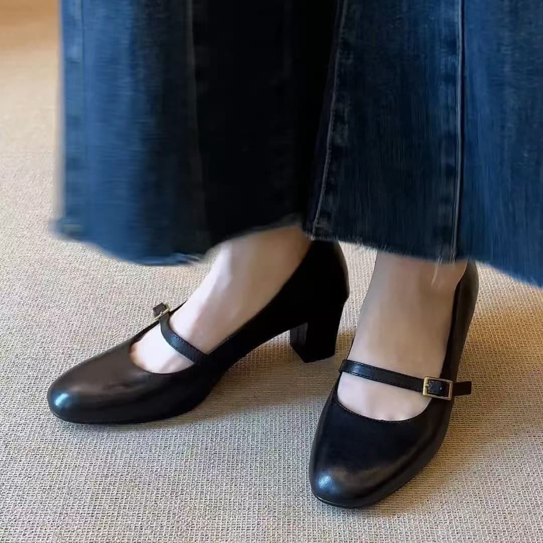 2025 Spring and Autumn Mary Jane High-Heeled Shoes for Women, Chunky Heel, Square Toe, Black Leather Shoes, Single Strap, Soft Leather, Shallow Mouth Single Shoes