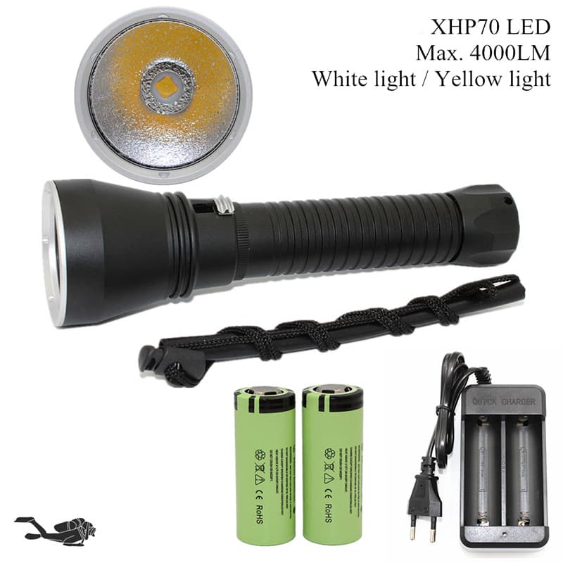 XHP70 Yellow and White LED High-Power 26650 Rechargeable Professional Diving Flashlight with Magnetic Sliding Stepless Dimming