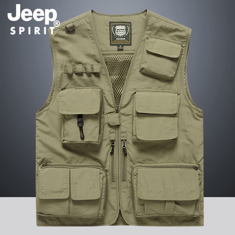 Jeep Spirit Men's Spring and Summer Casual Multi-Pocket Vest Fishing Vest Light Photography Vest Mesh Vest