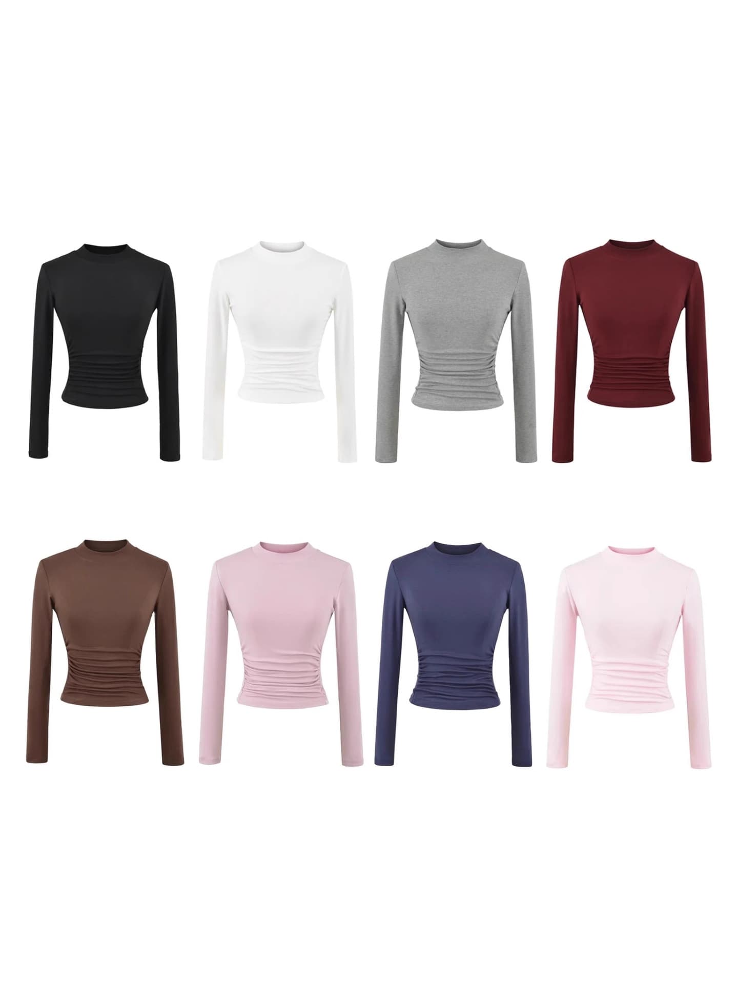 Basic Half Turtleneck Long Sleeve Fitted Top with Side Pleats and Waist Cinching for Women