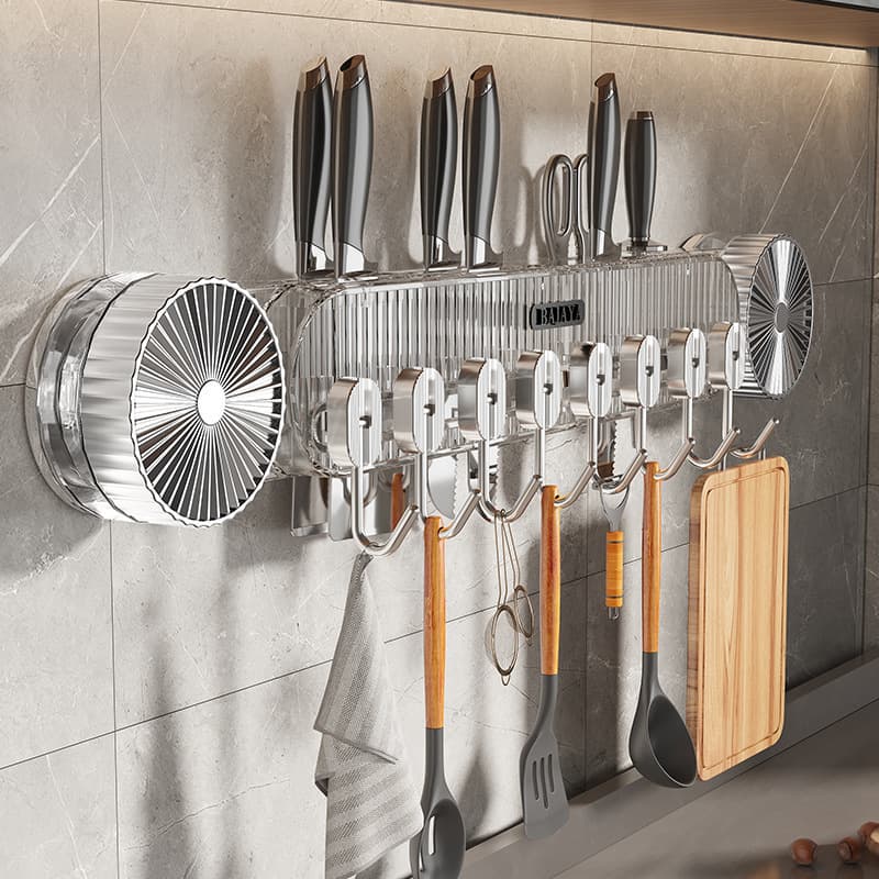 Suction Cup Row Hooks Knife Holder No-Drilling Kitchen Wall Mounted Multifunctional Spatula and Knife Rack Tool Organizer