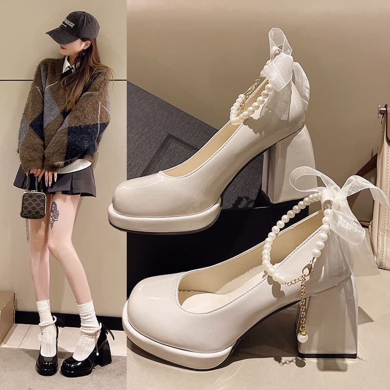 Fashion Commute Mary Jane Shoes for Women 2026 Spring Autumn New Chunky Heel Retro Style Pearl Chain Buckle Strap High Heel Pumps