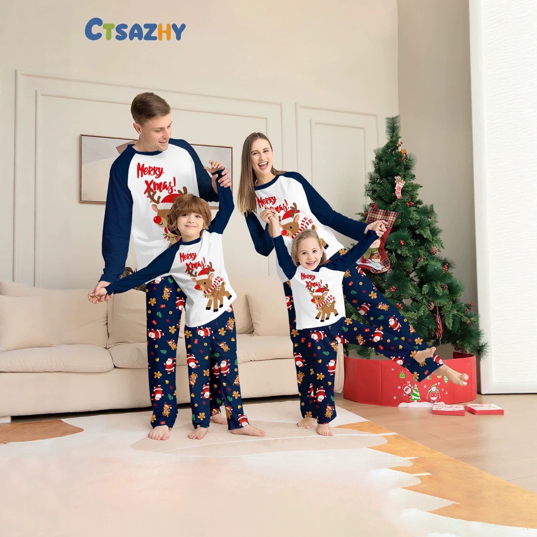 New Christmas Deer Letter Print Family Matching Long Sleeve Pajama Set Loungewear, Large Stock