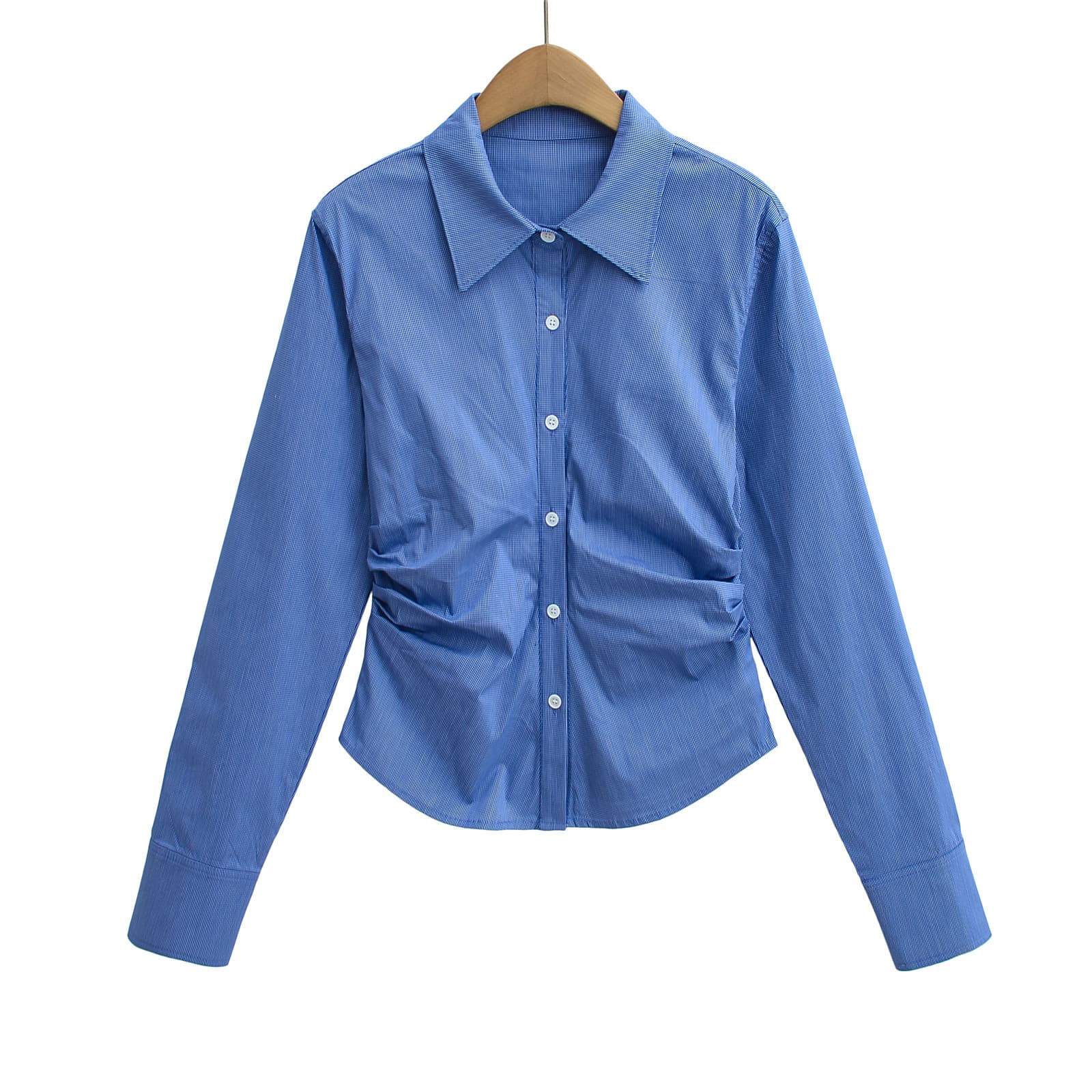 CL2505-25 Early Spring New Arrival French Vintage Intellectual Style Blue-White Contrast Plaid Pleated Waist-Cinching Long-Sleeve Blouse