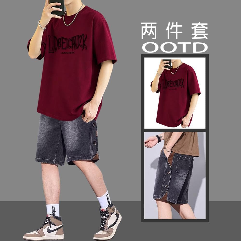 American-Style Short-Sleeved T-Shirt Boys' Summer Suit, Handsome Student Fashion Outfit for Teenagers, Loose and Casual
