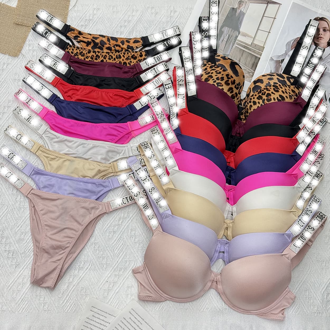 European and American popular vic brand fashion secret bra shiny rhinestone underwear set bra factory thick style