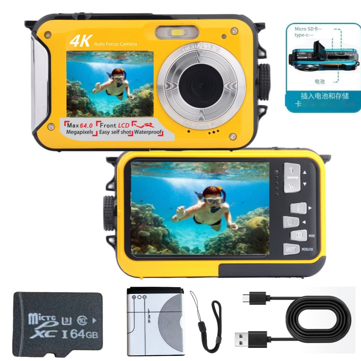 4K English Version Underwater Camera 64MP Auto Focus Waterproof Digital Camera with Selfie HD Dual Screen