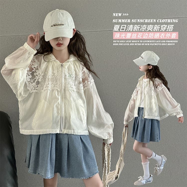 Kids Summer Lace Sun Protection Jacket Korean Style Drawstring Loose Fit Outerwear Girls Summer Fresh Top