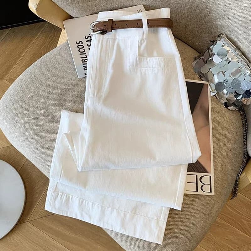Relaxed and loose-fitting wide-leg trousers with a belt, perfect for summer, stylish and versatile, slimming and trendy.