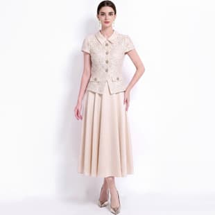 French Chic High-End Lace Sequin Notched Collar Dress with Single-Breasted Flared Skirt and Belt