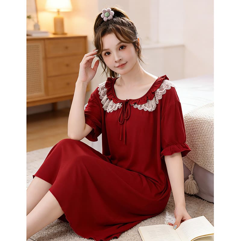 Summer New Solid Color Nightgown Plus Size 200lbs Women Lace Trim Home Dress Short Sleeve Long Dress Wholesale