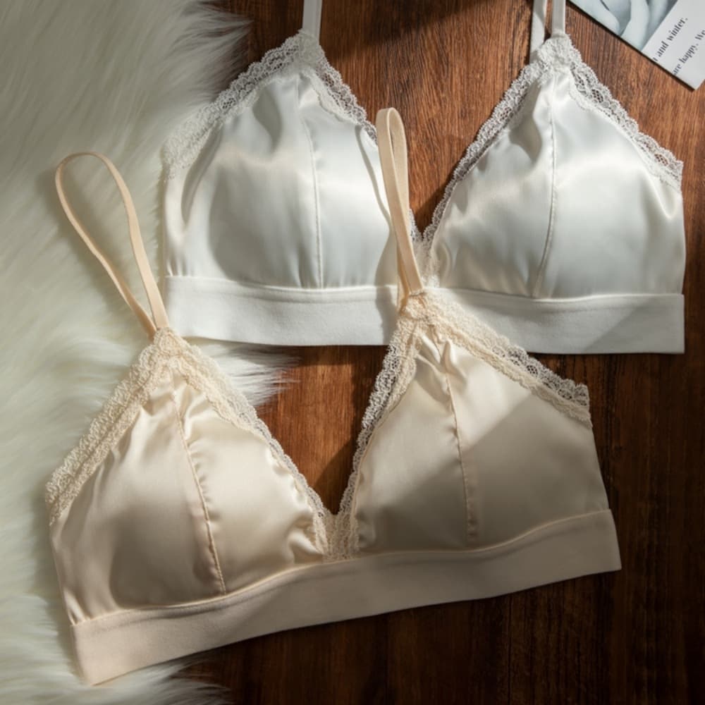 High-end Satin Skin-friendly French Triangle Cup Underwear Women Summer Thin Breathable Small Chest Push-up Lace Bra