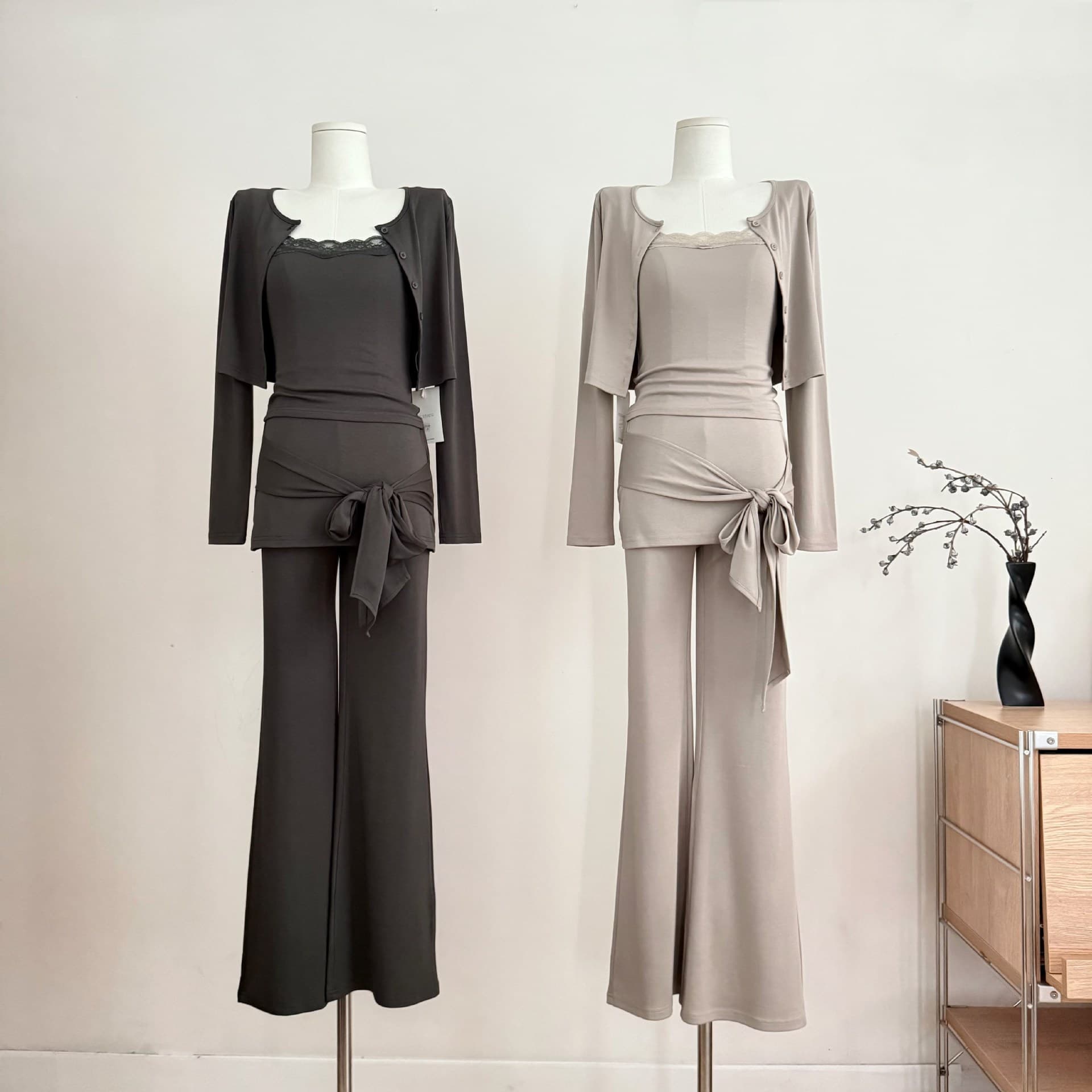 Sena Flower Room Knitted Fabric Slim Casual Three-Piece Set Light Khaki Three-Piece Set Mineral Gray Three-Piece Set Lace
