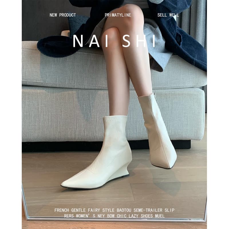 Sheepskin Edition~ Pointed Toe Elastic Slim Boots Wedge Heel White Ankle Boots Women Side Zipper French Style Bare Boots