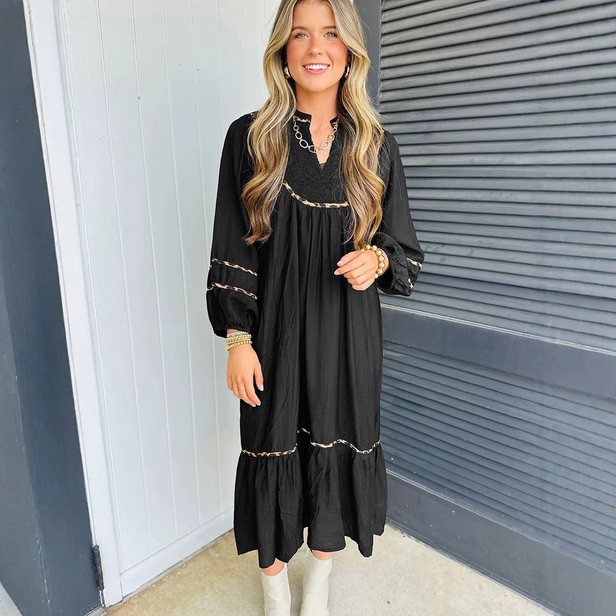 2026 New Autumn V-Neck Long Sleeve Dress Women European American Trendy Leopard Trim Loose Maxi Dress Women