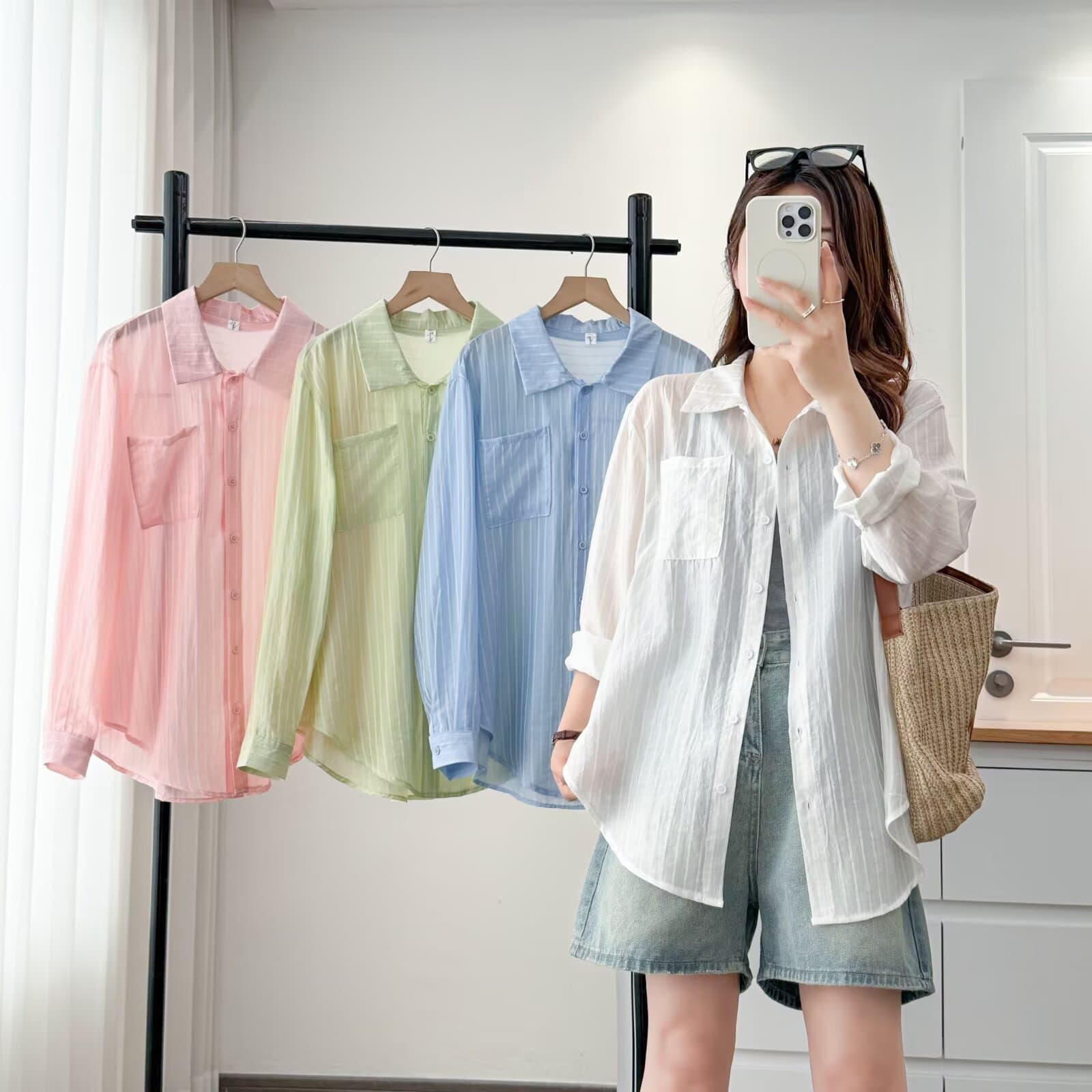 Women's Spring and Summer Plus Size Sun Protection 2026 New Style for 200 lbs, Mid-Length Striped Long Sleeve Top to Cover Hips